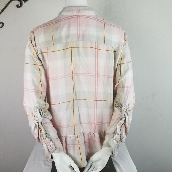 Express Pastel Plaid Peplum Button Front Top‎ Size M - Picture 3 of 8